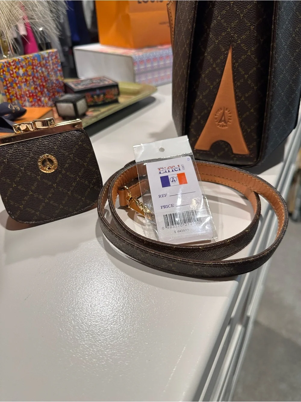 Brown Patterned Satchel with Tan Trim and Bow Accent